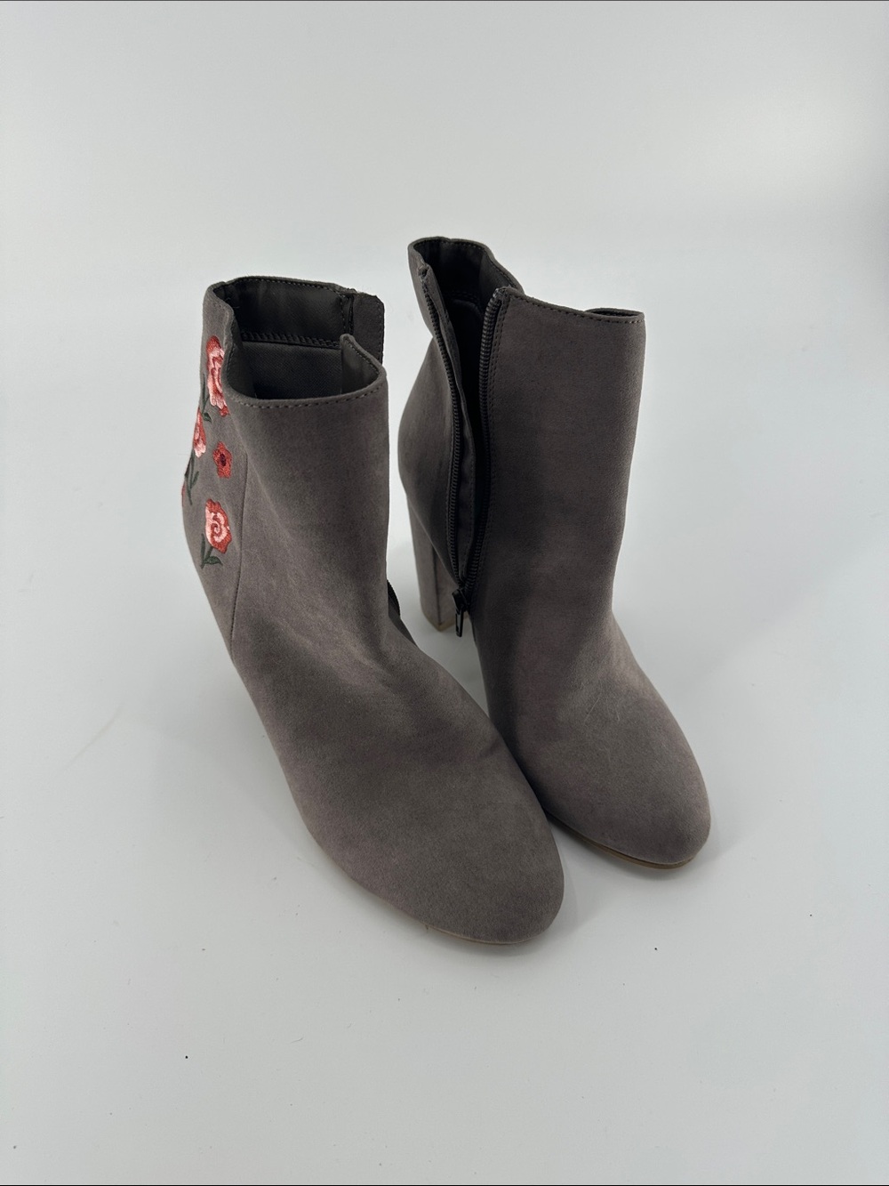 Report Gray Suede-Look Embroidered Ankle Booties